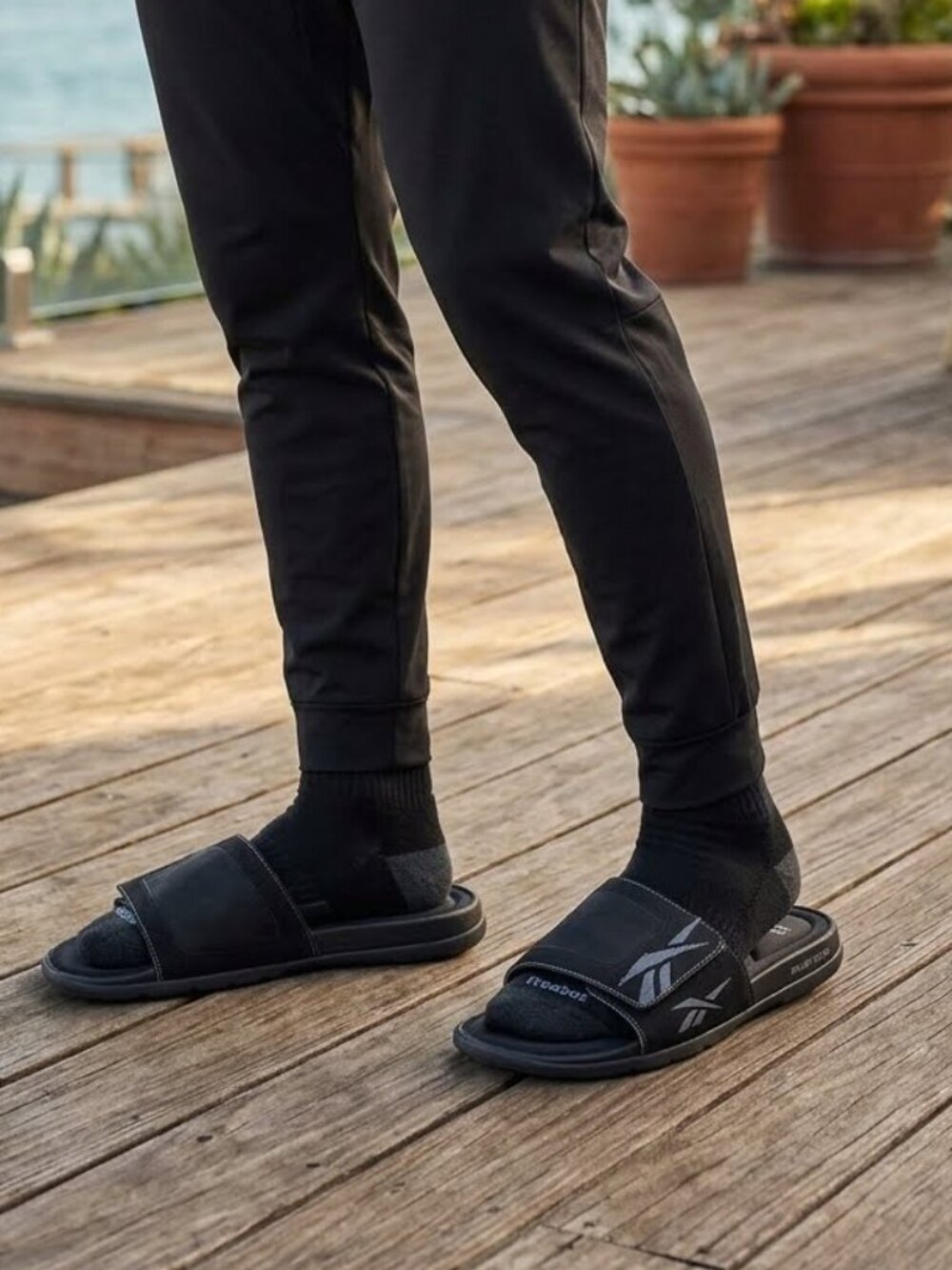 Reebok Black Slide Sandals with Velcro